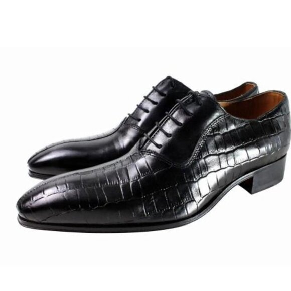 Italian Handmade Men\'s Leather Shoe / Kay Black Half Crocodile Printed Calfskin main image 5